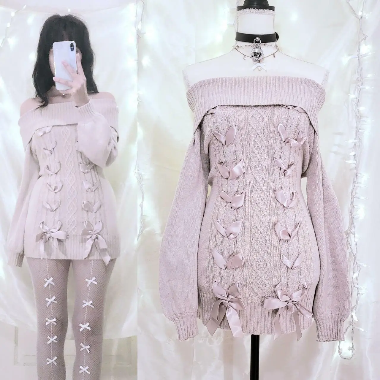 

Lairauiy Women's Chic Kawaii Lolita Cute Pullovers Knitted Sweaters Off Shoulder Y2K Fairycore Ribbon Criss-Cross Dress Tops