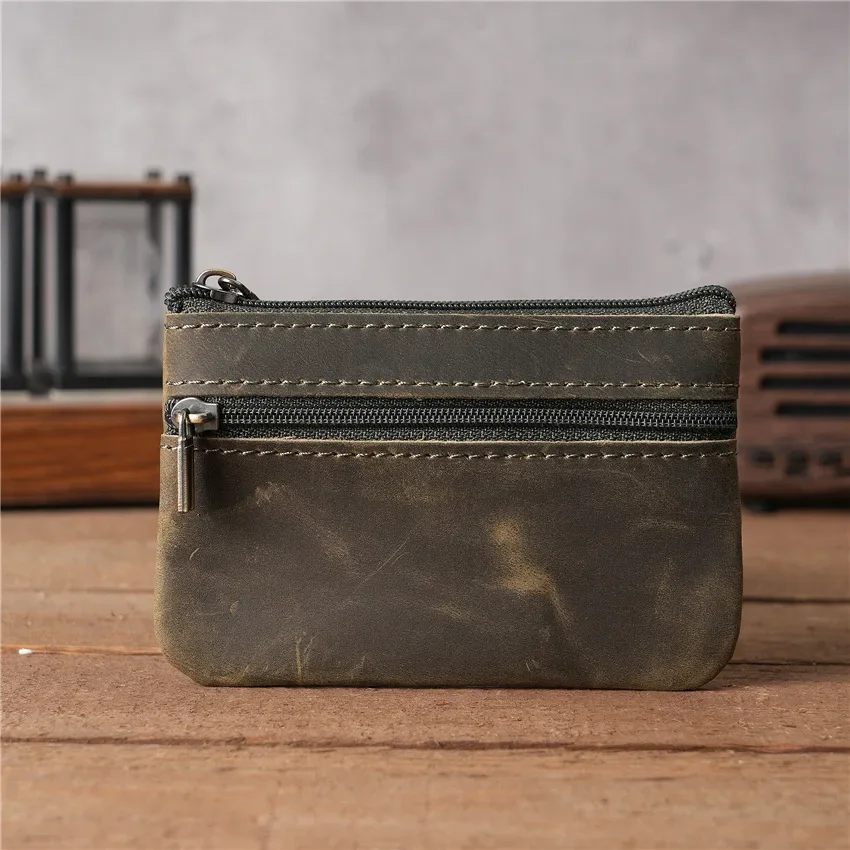 Vintage Brown Leather Coin Purse with Zipper, Cowhide Pattern
