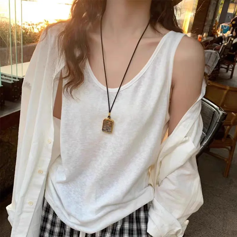รูปสินค้า เสื้อ Tank Top ผ้าฝ้ายลินิน ใส่สบาย ดีไซน์เรียบหรู