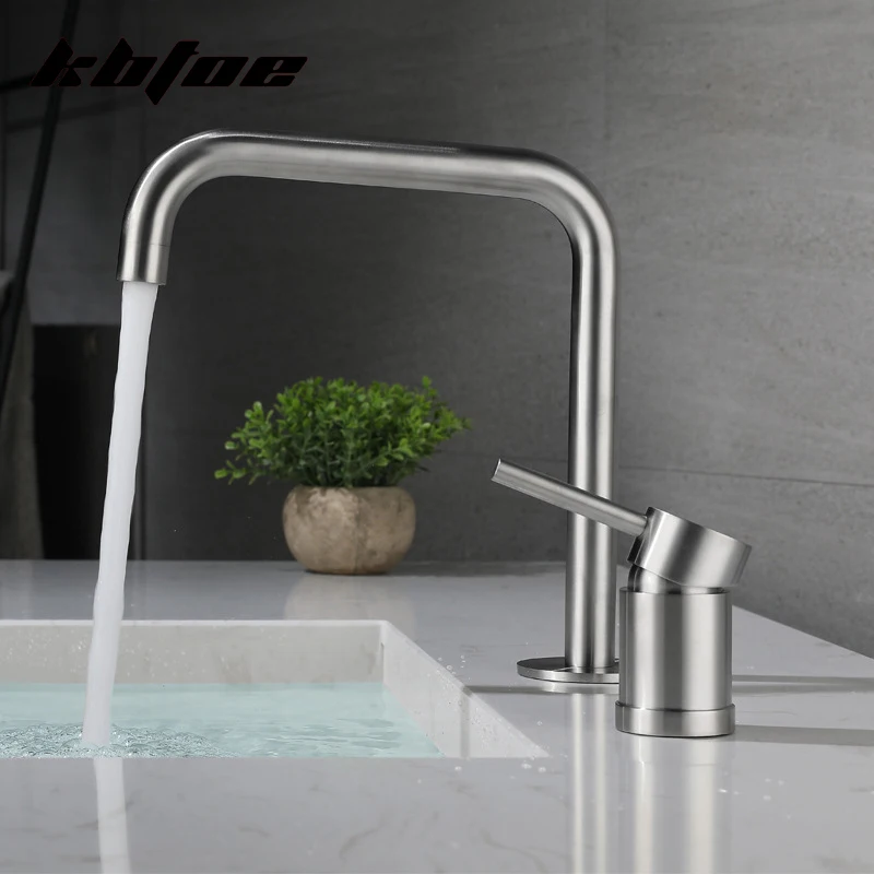 

Brushed/Grey Basin Faucet Bathroom Deck Mounted Hot Cold Water Sink Mixer Washbasin Tap Dual Hole Design Stainless Steel Crane