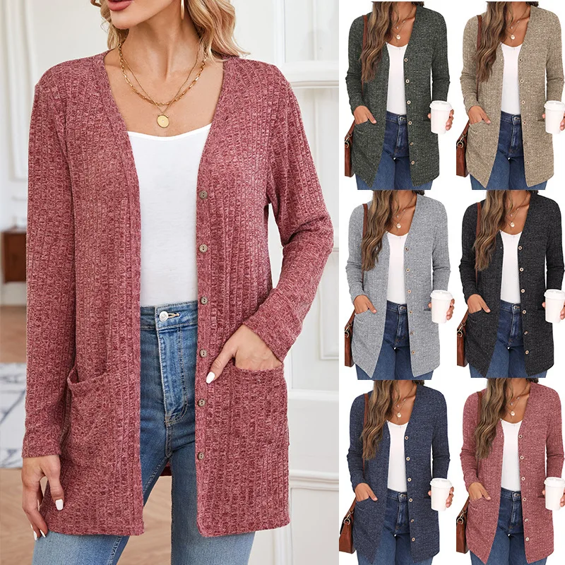 

2024 Autumn/Winter Solid Color Loose Long Sleeved Pocket Cardigan Coat Women's New Style