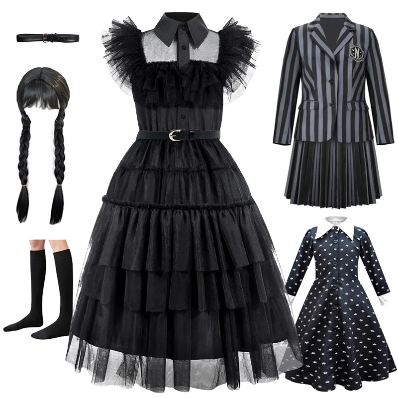 Wednesday Black Lace Halloween Dress Up Girl's Birthday Party Performance Dress New Girl Role Playing 4-12 Years Old