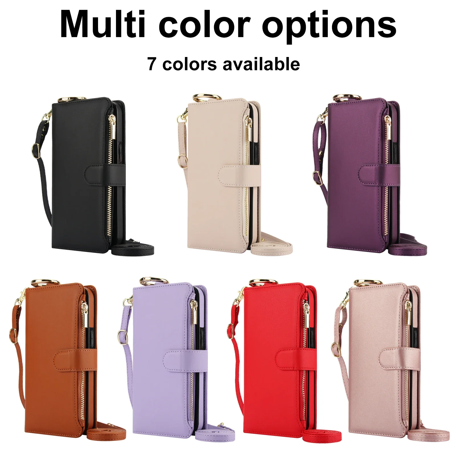 Leather Wallet Case with Ring Lanyard and Card Slots - Zipper Flip Purse Cover