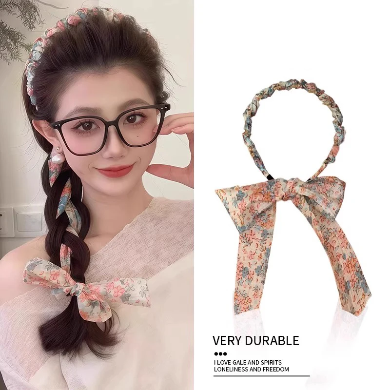 Elegantes Haarband mit Blumenmuster und langem Band für Damen und Mädchen, süßes Haarband, Haarreifen, modisches Haar-Accessoire – Detail 8