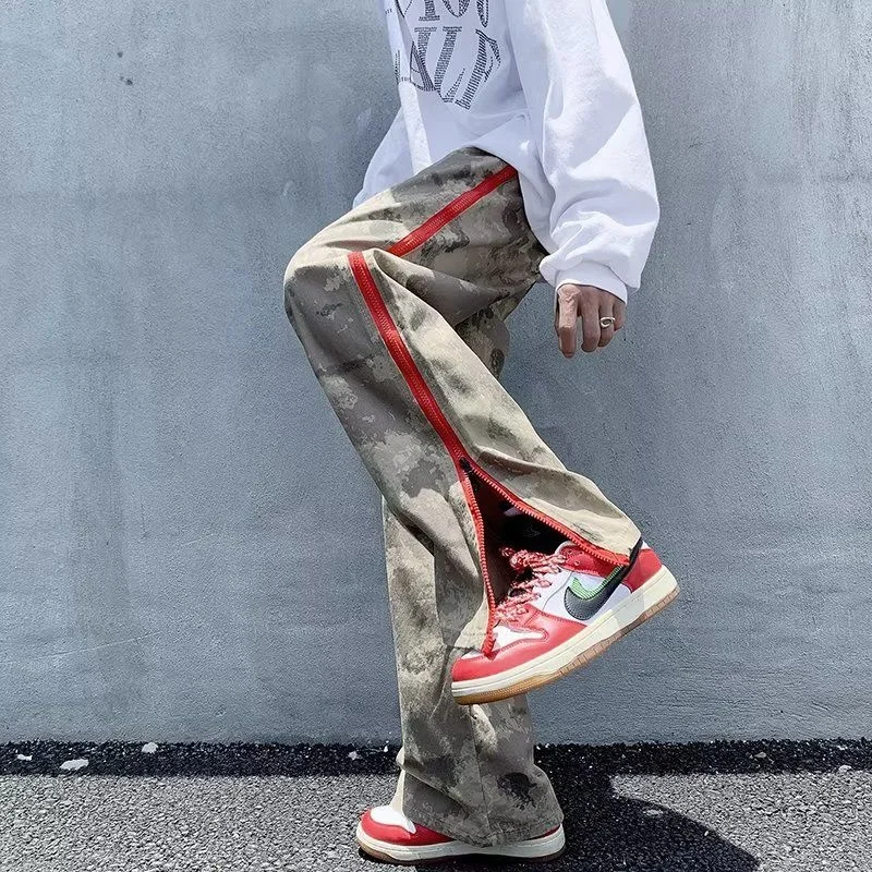 

2022 Men's Fashion Trend Casual Pants Streetwear Camouflage Printing Jeans Zipper Decorate Elastic Green Color Trousers M-3XL