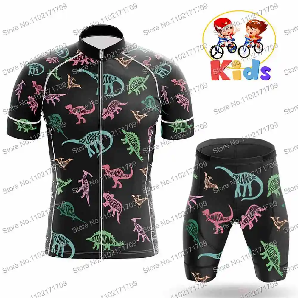 Kids Dinosaur Pattern Funnny Cycling Jersey Set Short Sleeve Quick Dry Road Bike Shirts Suit Blue Black Bike Wear MTB Maillot