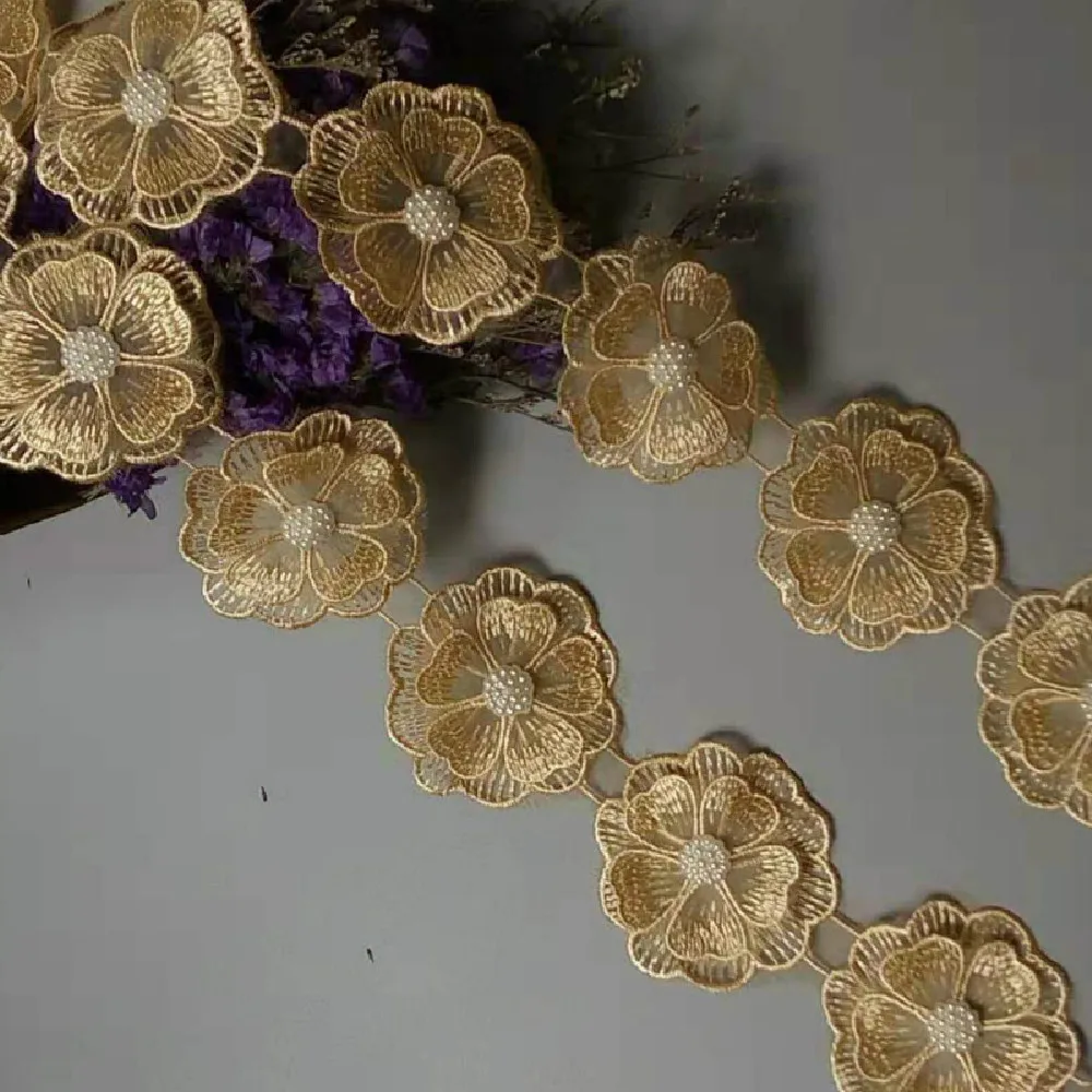 Gold Pearl Beaded Embroidered Flower Lace Trim Floral Applique Patches Fabric Sewing Craft Vintage Wedding Dress 1 yard lace fabric lace sewing accessories lace sewing supplies lace accessories lace decoration clothing craft accessories sewing patches sequined flower patches