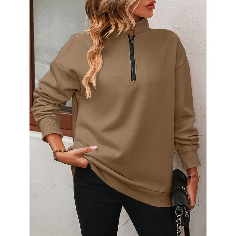2023 New Autumn and Winter Casual Simple Polo Neck Half Zip Long Sleeve Temperament Commuter Women's Sweatshirt Brushed Sweater