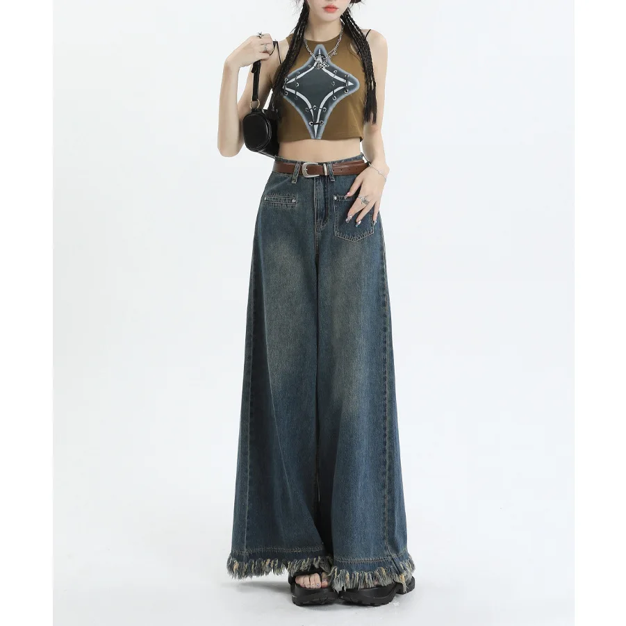 

Потертые широкие джинсы в стиле ретро для женщин, модные свободные брюки с высокой талией в Корейском стиле, Осень-зима