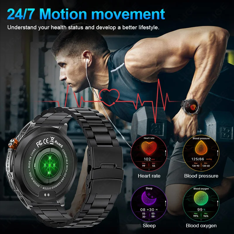 LIGE New 730mAh Large Battery Smart Watch Men 1.75Inch AMOLED Screen Bluetooth Call Sports Heart Rate 3ATM Waterproof Smartwatch