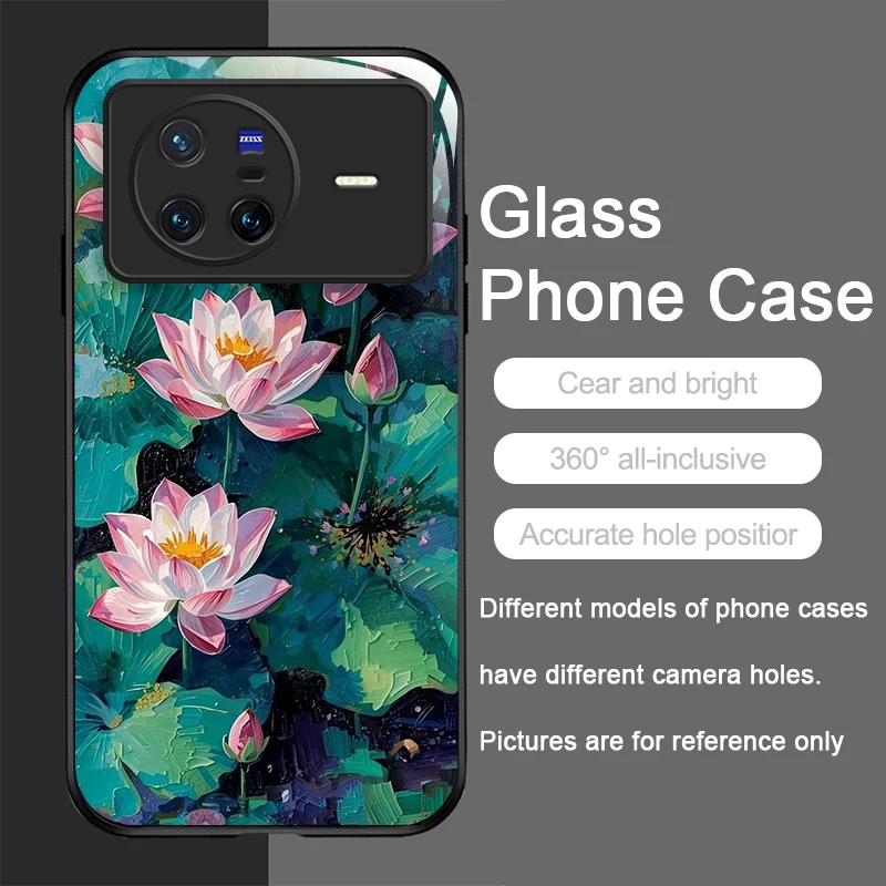 Vintage Lotus Flower Pattern Tempered Glass Phone Case - Artistic Oil Painting Design, Ultra-Durable Hard Cover