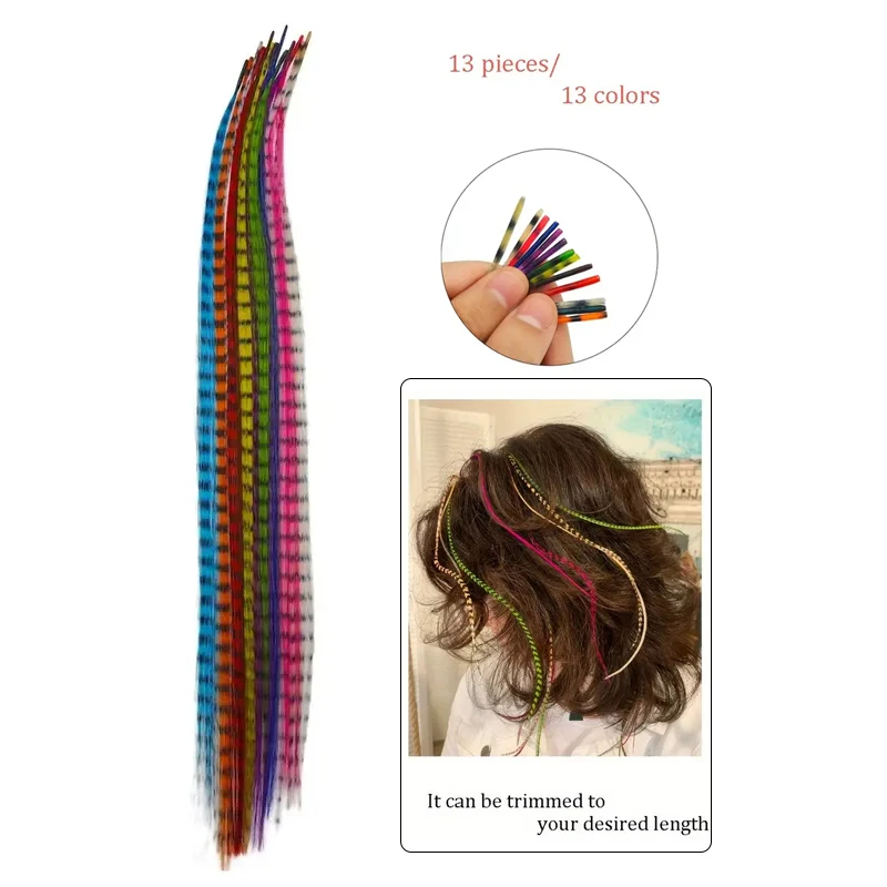 13pcs/13colors Colorful Feather Hair Extensions for Women Straight Synthetic Fiber 16 Inch Relaxed-Textured with Perfect