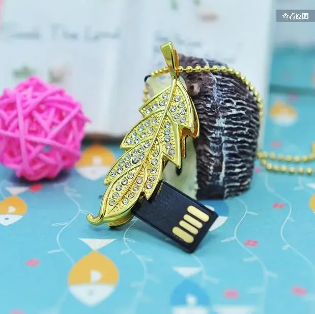 크리스탈 목걸이 나뭇잎 펜 드라이브, USB 플래시 드라이브, 금속 쥬얼리 선물, USB 메모리, 펜 드라이브, 플래시 디스크, 8GB, 16GB, 32GB, 64GB, 128GB