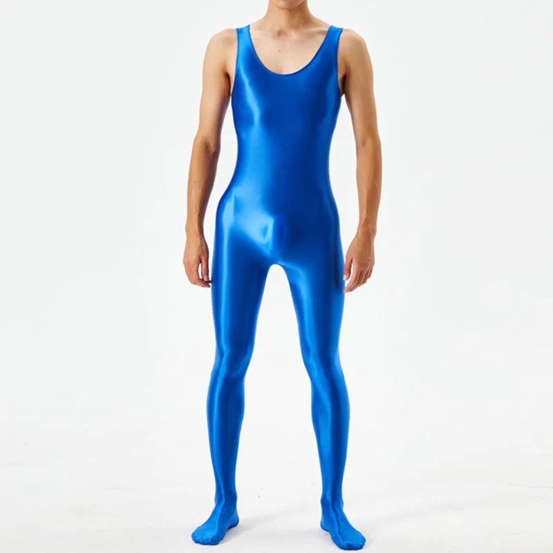 Summer Mens Open Crotch See Through Glossy Jumpsuit Lingerie Sleeveless Sport Gym Fitness Shiny Bodysuit Zentai