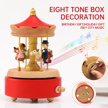 나무 회전 목마 뮤직박스 회전 와인업 너도밤나무 뮤지컬 상자 장난감, 새해 크리스마스 생일 어린이 선물, 데스크탑 장식 상품 이미지