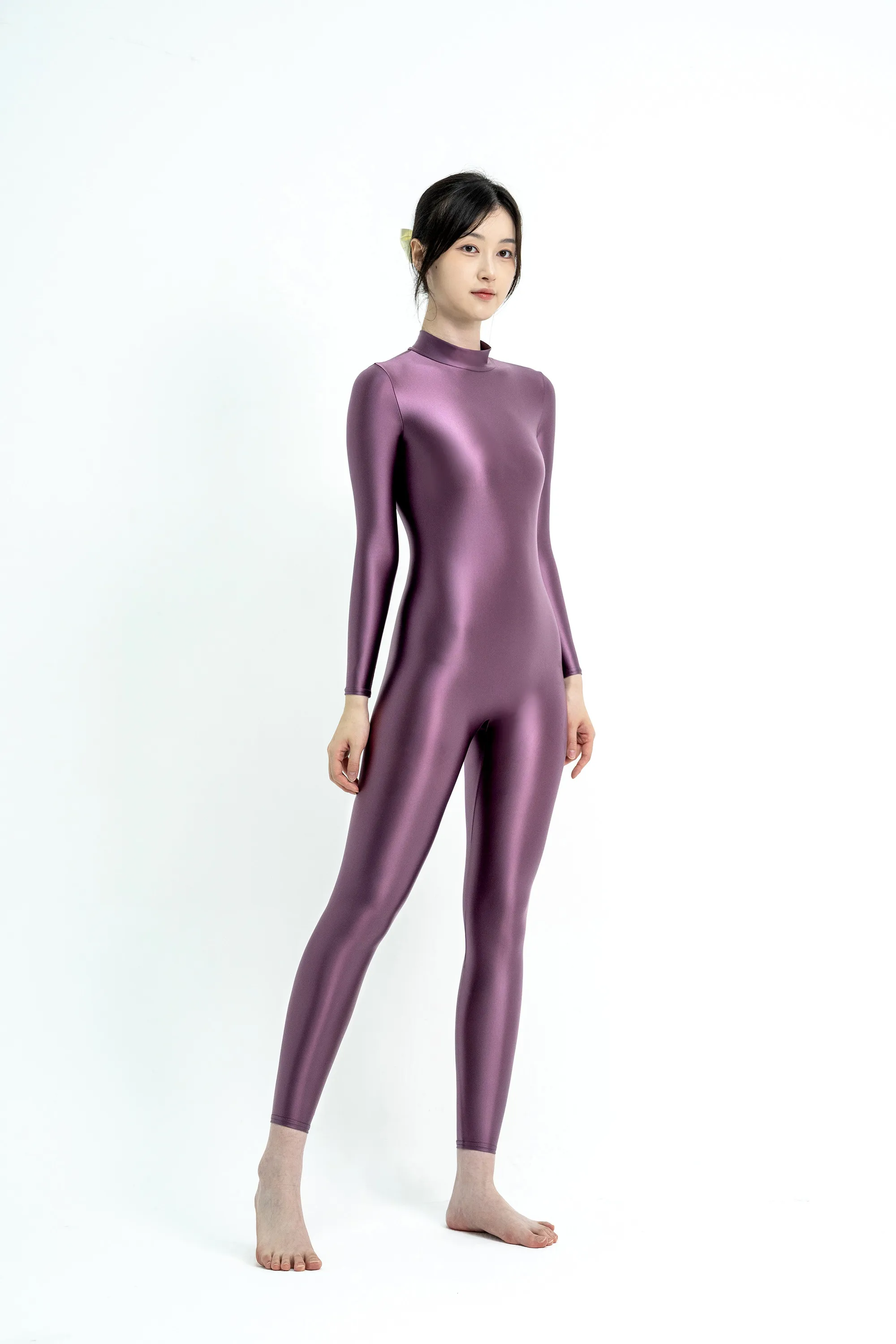 XcloCKNYoung Satin-Glanz-Bodysuit mit Ölglanz, hohem Hals und Reißverschluss, langärmlig, eng anliegende Hose, Seiden-Trikot, glänzender Badeanzug, Neoprenanzug – Detail 4