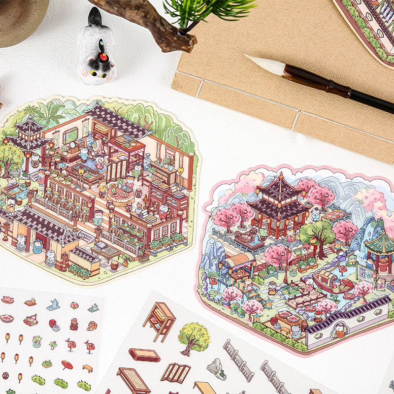 Kawaii 고대 건축3D 캐빈 장면 스티커 풍경 스티커 DIY 포켓 캐빈 장면 축제 휴일 선물