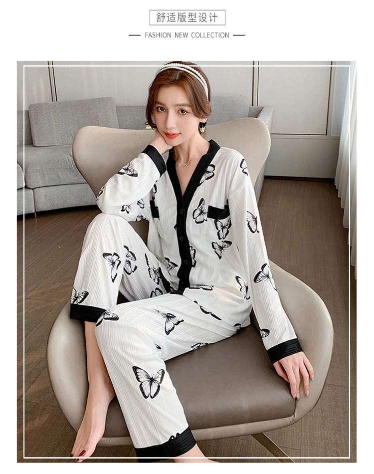 Spring 180g milk + cotton silk pit strip V-neck cardigan button long-sleeved trousers pajamas women's suits home service girls p pyjama sets