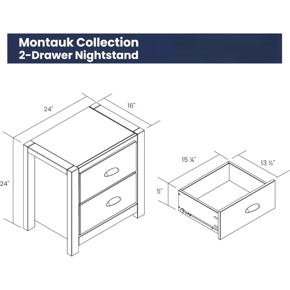 Wood Furniture Montauk 2-Drawer Bedside Nightstand, Solid Wood with Driftwood Finish