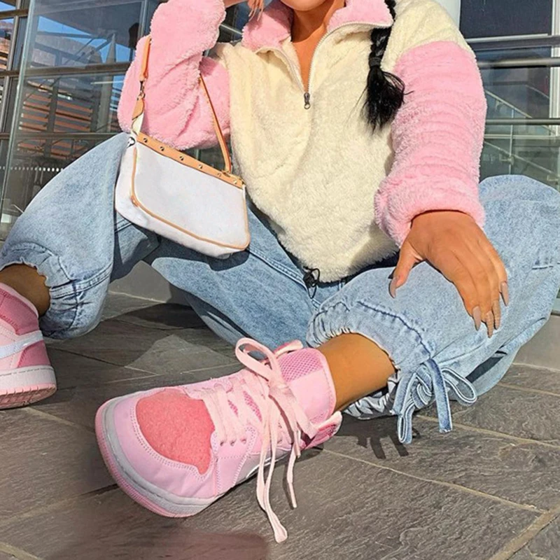 

Winter Fleece y2k Crop Top Women Harajuku Kawaii Pink Casual Zip Drawstring Contrast Color Fashion Sweatshirt Female Pullover