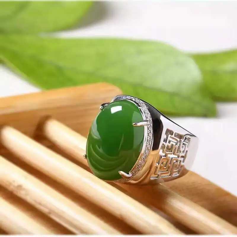 Chinese style green jade man's ring 12*16mm natural jade vintage 925 silver gemstone ring for man Luxurious silver man ring - Image 3