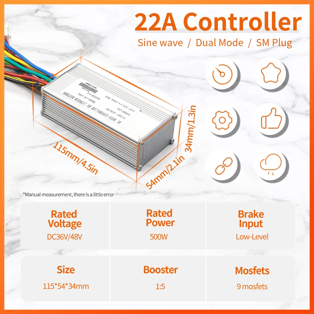 22A 500W 3 모드 브러시리스 모터 컨트롤러 36V 48V 사인파 방수 전기 자전거 드라이버 전자 자전거 스쿠터 부품 (Learni 포함)