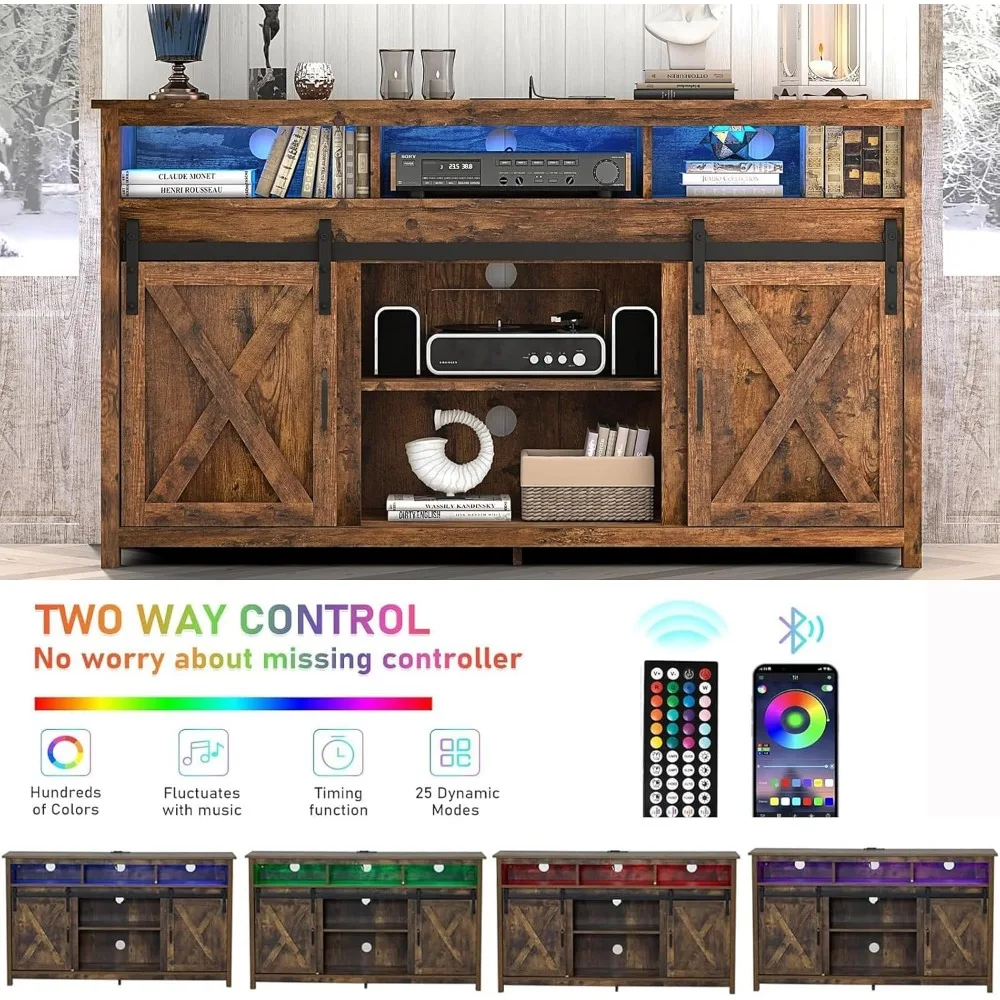 57” Wooden Farmhouse TV Stand for 60/65 inch TV,Double Layer Storage Entertainment Center TV Console Table,w Doubl 3