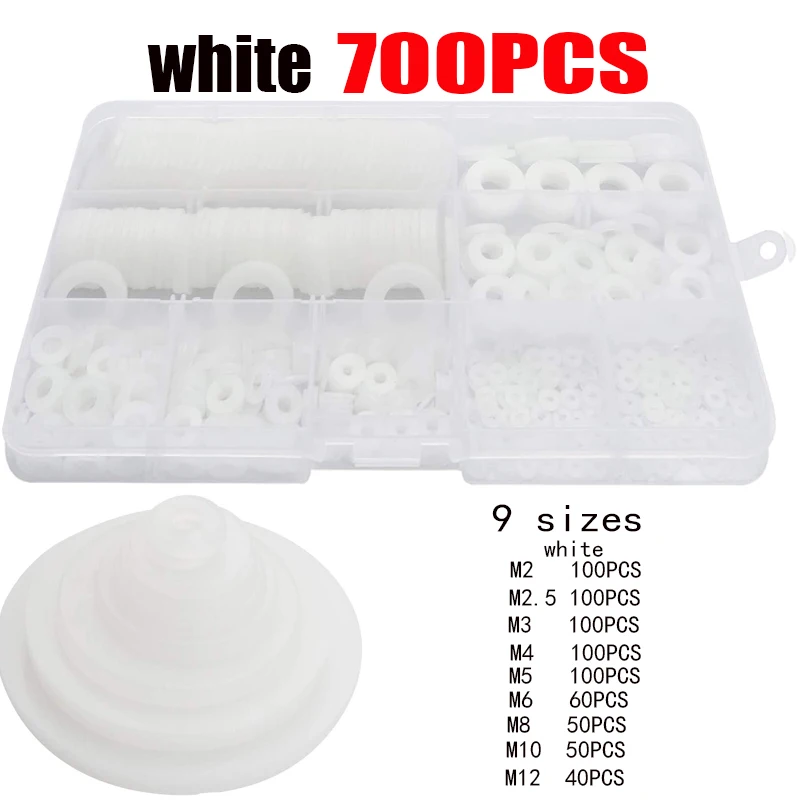 

700Pcs M2 M2.5 M3 M4 M5 M6 M8 M10 M12 White Nylon Flat Washers Nylon Gasket Round Spacer Seals Assortment Set for Mechanical