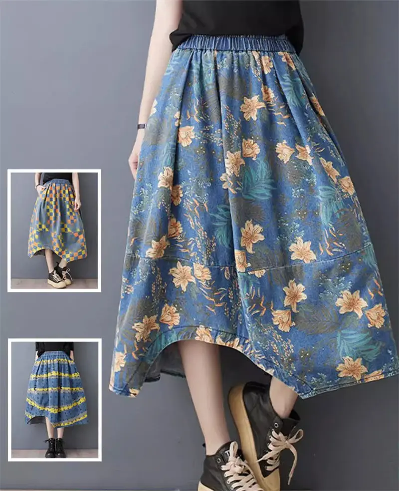 

Женская джинсовая юбка с эффектом потертости, стильная Свободная юбка средней длины с принтом в стиле ретро, модель Z4794 в Корейском стиле на весну, 2024