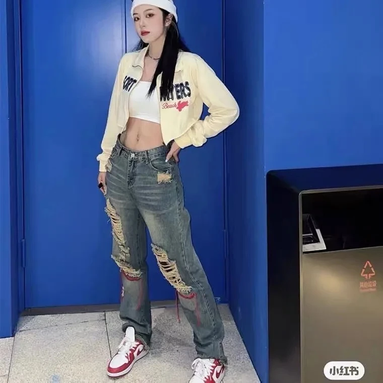 

High Waist Women Jeans American Vintage American Hip-Hop Denim Trouser Hole Harajuku Loose Mom Jeans Fashion Straight Pants