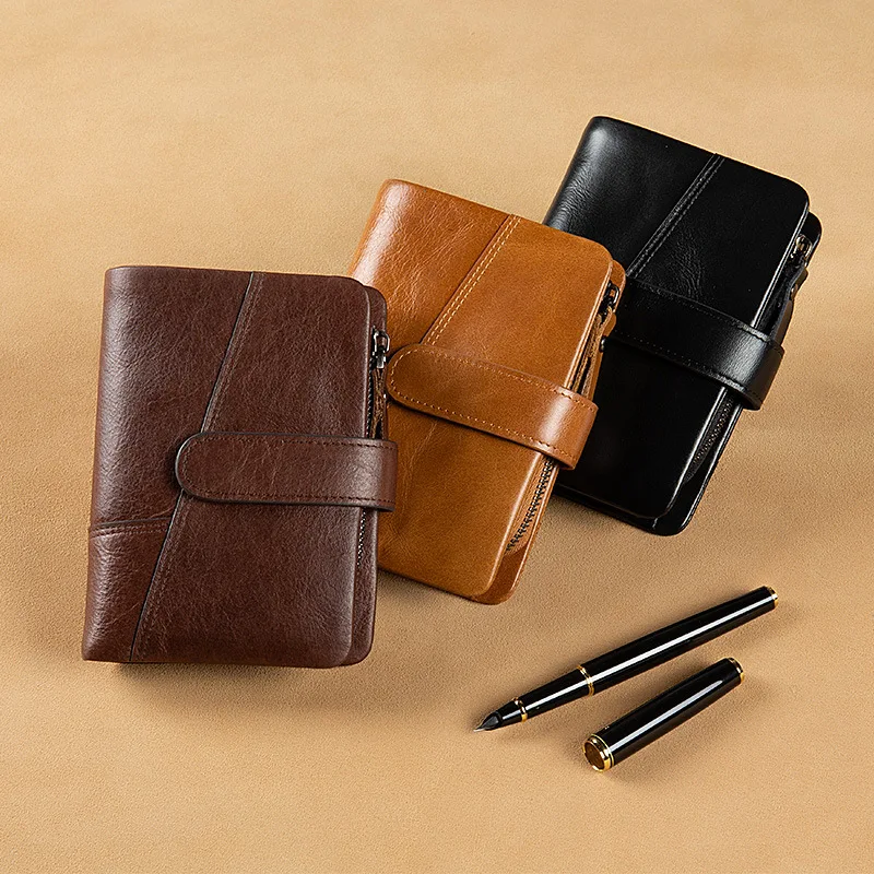 Retro Short Wallets for Men  Card Baotou Cowhide Multifunctional Large-capacity Zipper Coin Purse Handbag Luxury Designer Purse