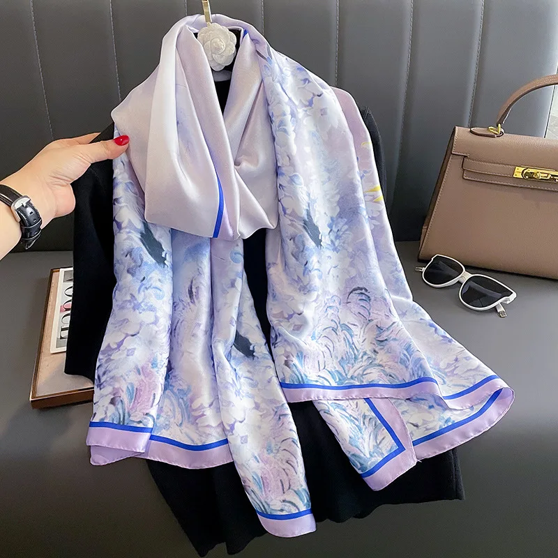 

Fashion Luxury Brand Silk Scarf 180X90CM Satin Finish Shawls Popular Design 2024 Print Hijab The Four Seasons Women Warm Scarves