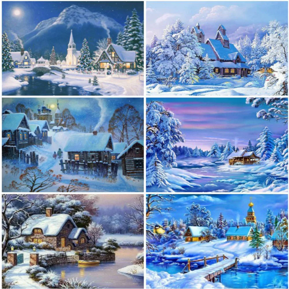 Needlework Embroidery Landscape Cross Stitch Diamond Painting 5D House Rhinestones Beaded Needlework Winter Home Decor image