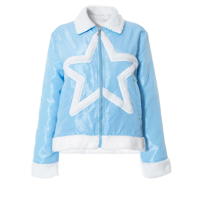 

y2k Jacket Women Aesthetic Clothing Star Print Turn Down Collar Zip Up Long Sleeve Tops with Pockets Winter Coat 2000s Outerwear