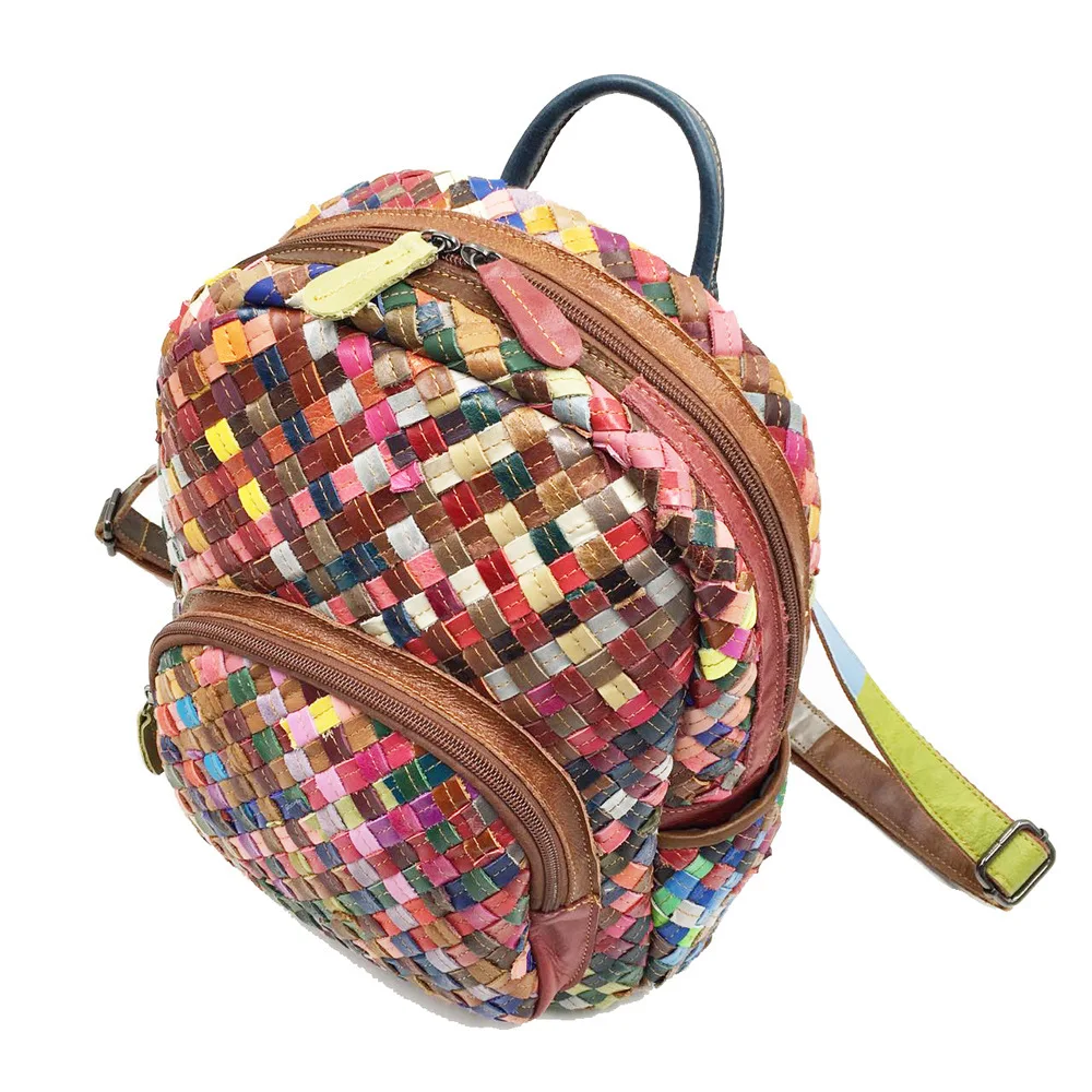 Annmouler Vintage Women Backpack Genuine Leather Daypack Large Capacity Rucksack for Women Cow Leather Weave Bag 4