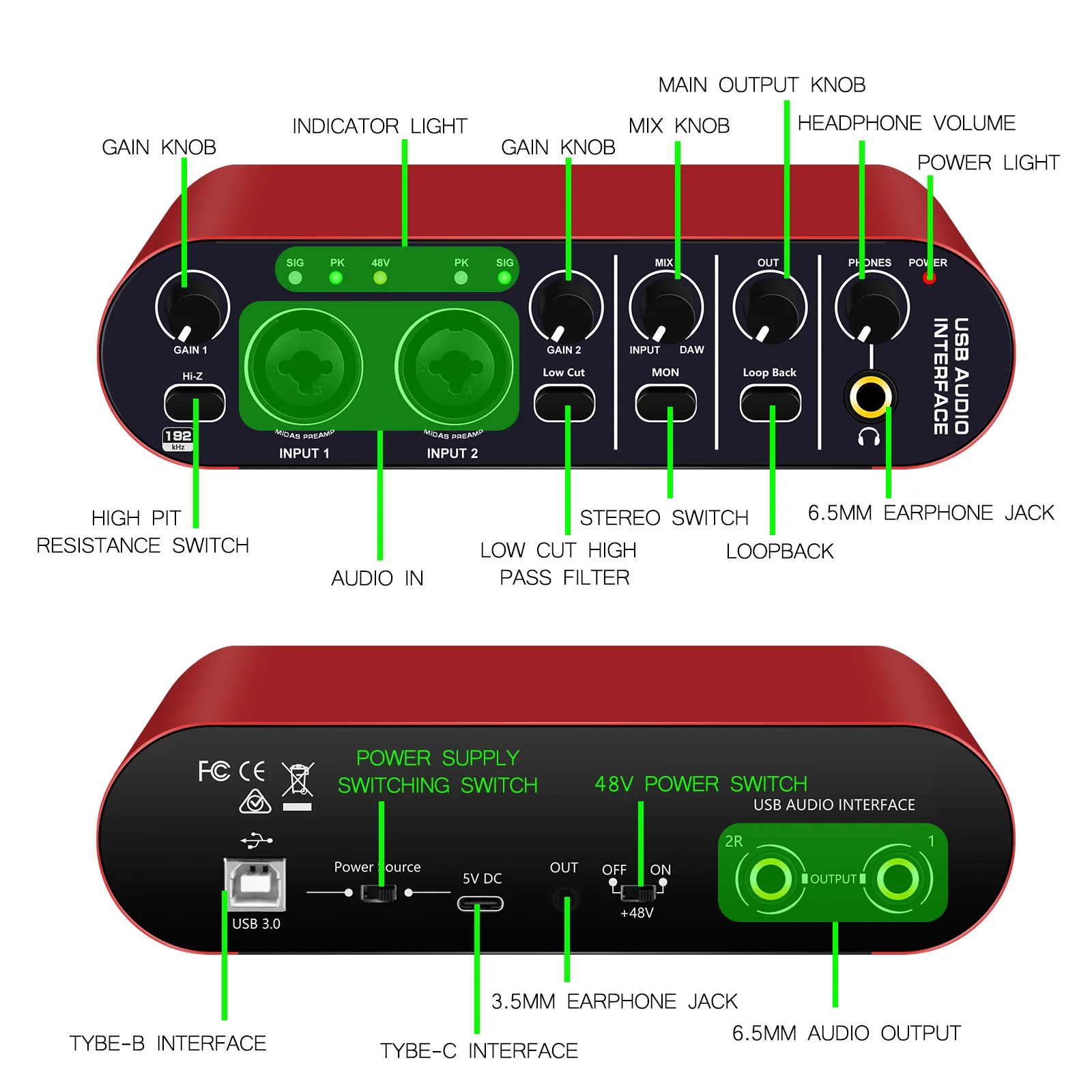 Audio interface 24bit/192 kHz + 48V phantom power supply for recording podcasts and streaming ultra-low latency noise free