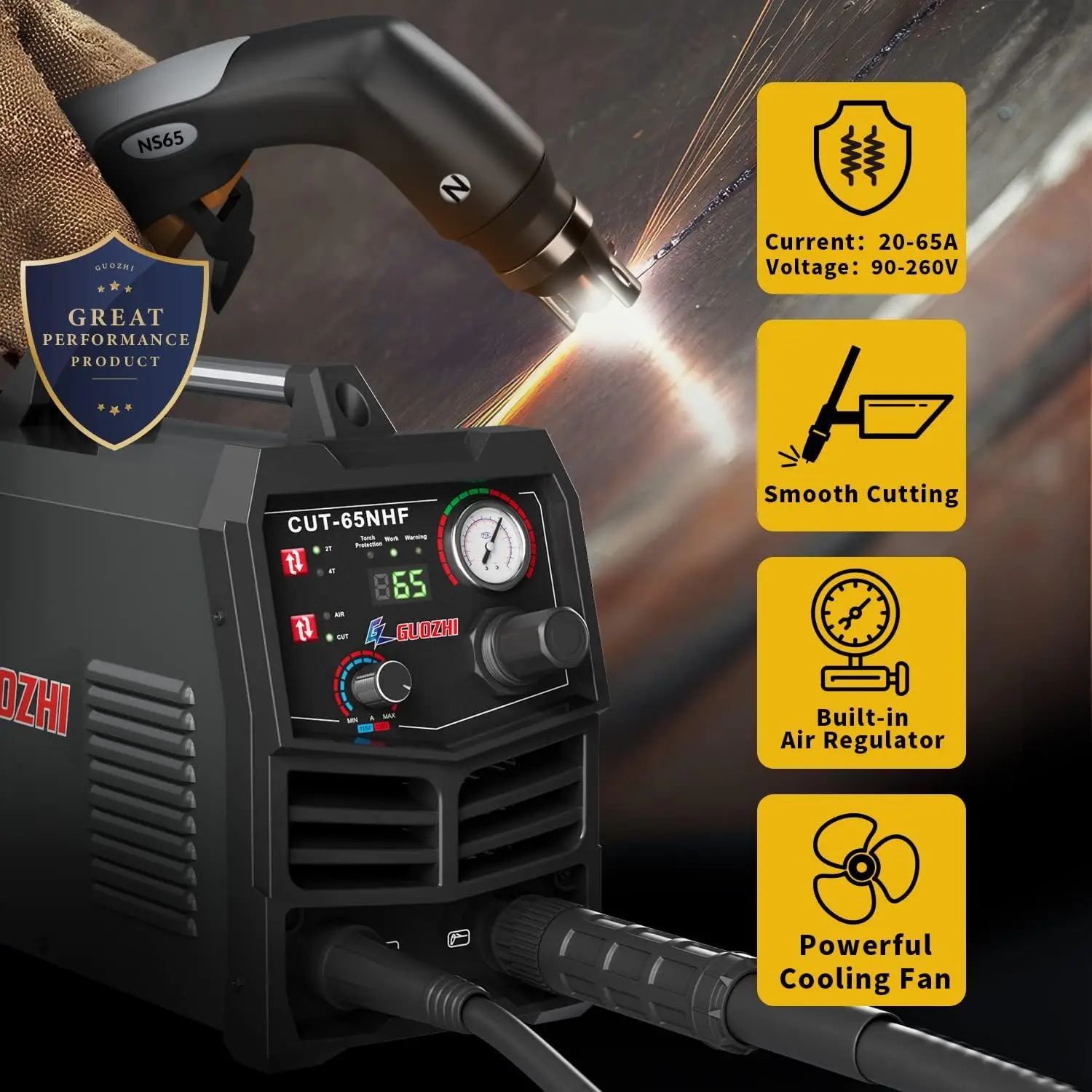 Plasma Cutter, 65 Amp Non-HF Non-Touch Pilot Arc, THC Torch Height Control Enabled 1" Clean Cut,