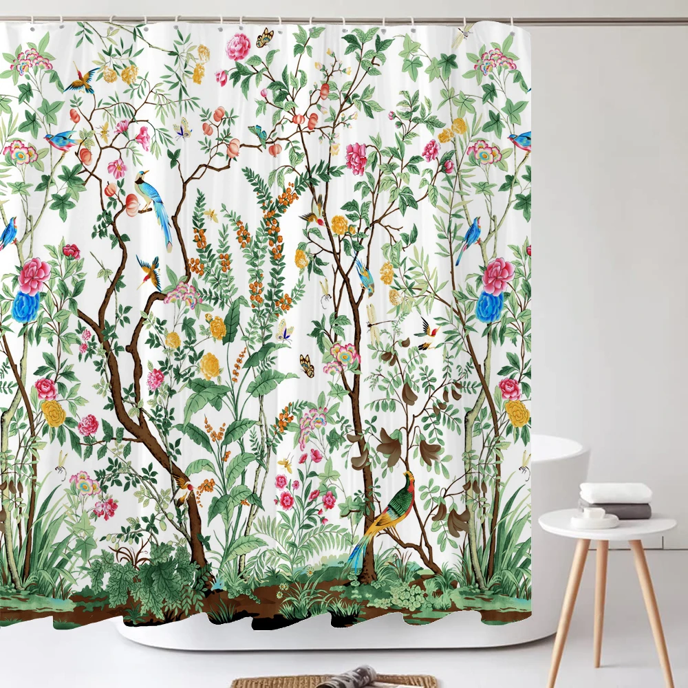 

Занавеска для душа с акварельными цветами и птицами, 180*180, с крючками, водонепроницаемая Цветочная занавеска для душа, шторы для ванной комнаты