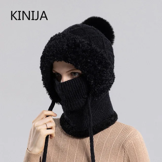 KINIJA Women Winter Velvet Knitted Woolen Balaclava Hat