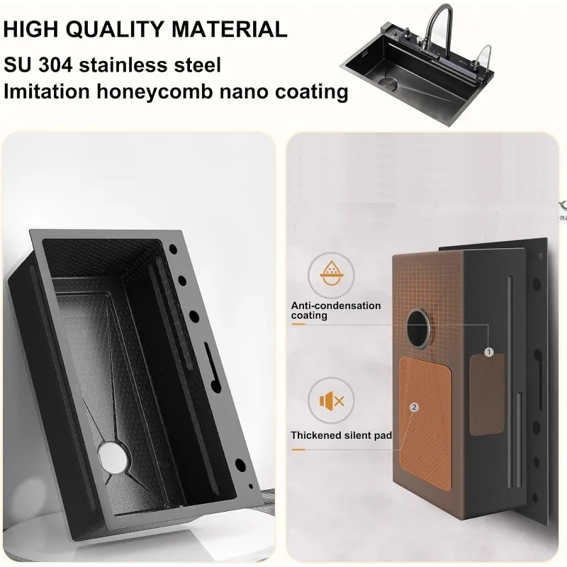 Black Kitchen Sink, Smart Waterfall Kitchen Sink  Drop in Kitchen Sink Workstation - 304 Stainless Steel Sink 6