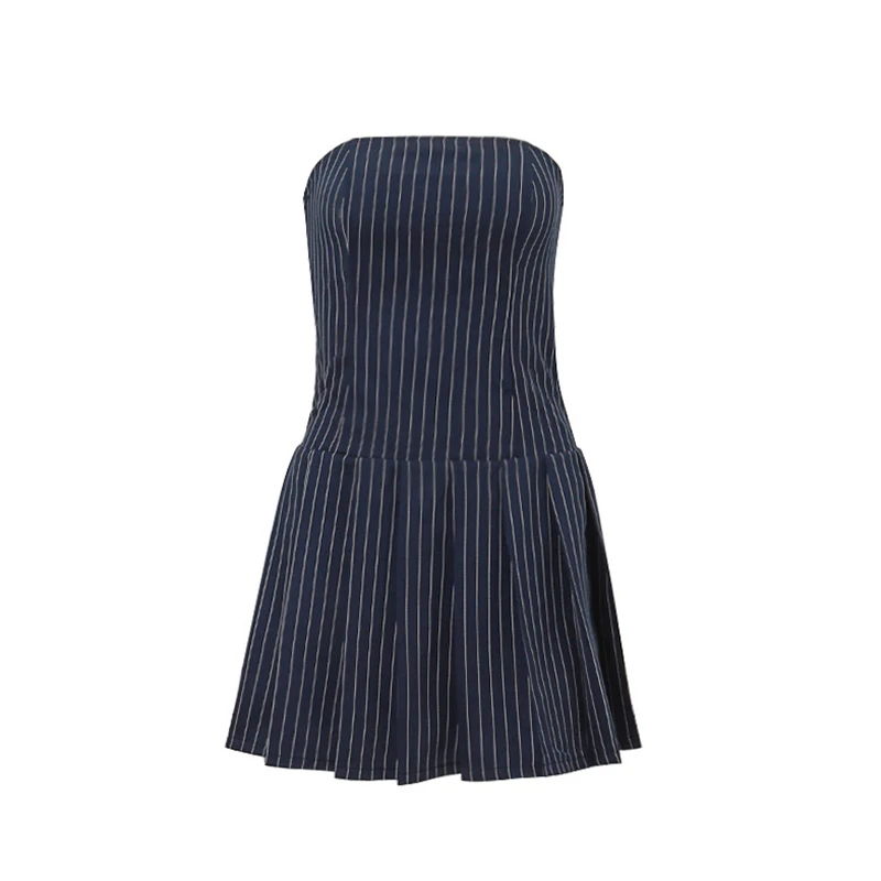 Strapless Mini Dress y2k Aesthetic Clothes Women Striped Pleated A Line Dress 2000s Cocktail Party Dresses Streetwear