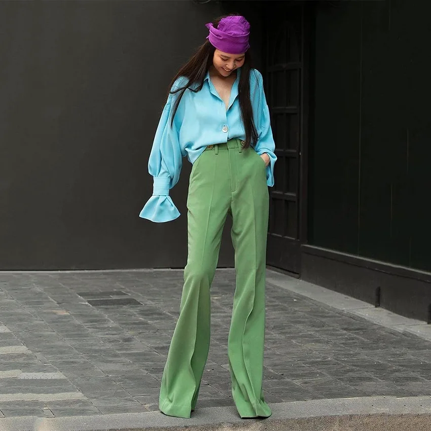 2022 Women Summer Green Long Pants Casual Floor Length Women Solid Color Boho Pants Female Trousers Women Wide Leg Pants vuori joggers