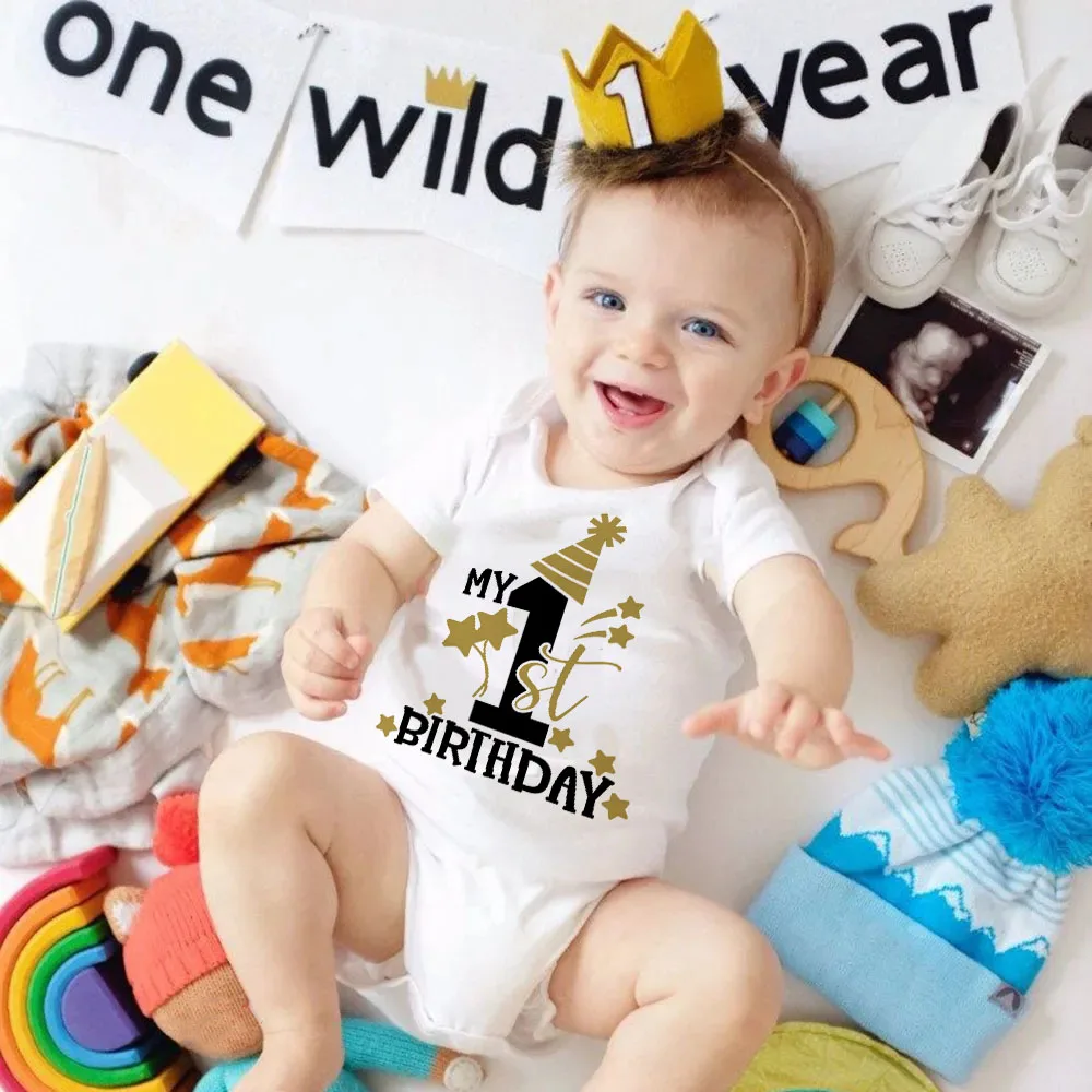 

My 1st Birthday Newborn Romper Summer Infant Body Toddler Short Prince Sleeve Jumpsuit Baby Boys Birthday Party Outfit Clothes