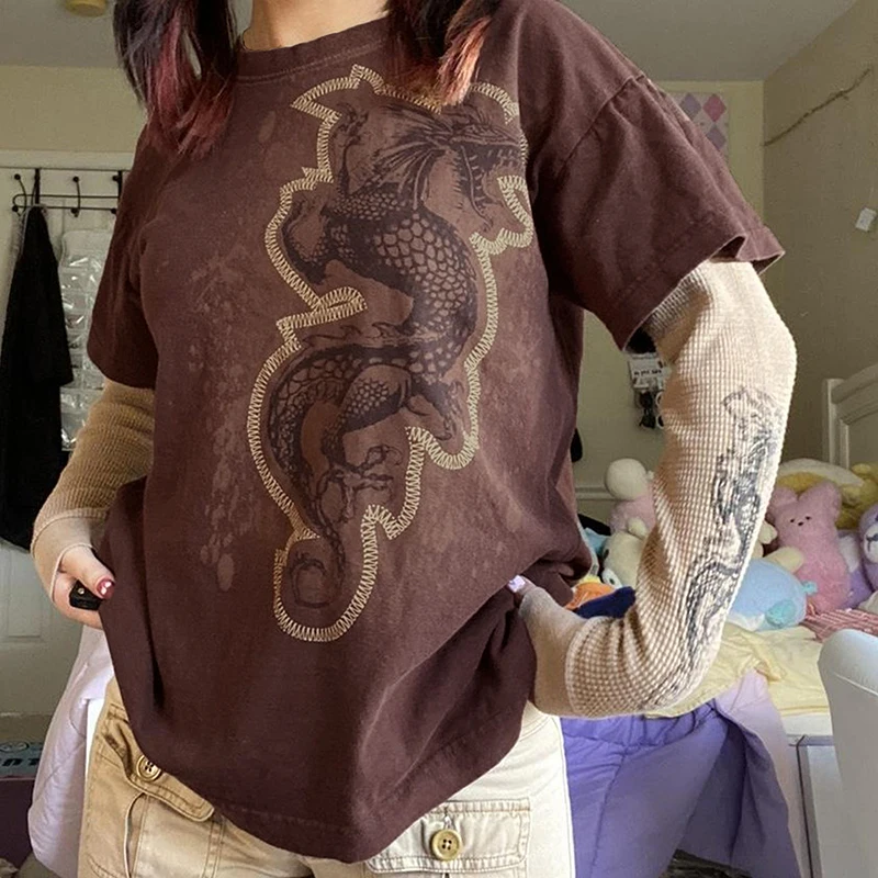 Brown Grunge Dragon Graphic Print Layered Long Sleeve Tees Vintage Mall Goth Aesthetics Pullovers Tops Y2K Retro Loose T Shirt