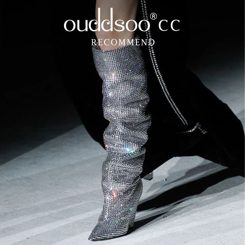 Botines Con Diamantes De Imitación Para Mujer, Botas Cortas Brillantes Con Cremallera Lateral Puntiagudas Color