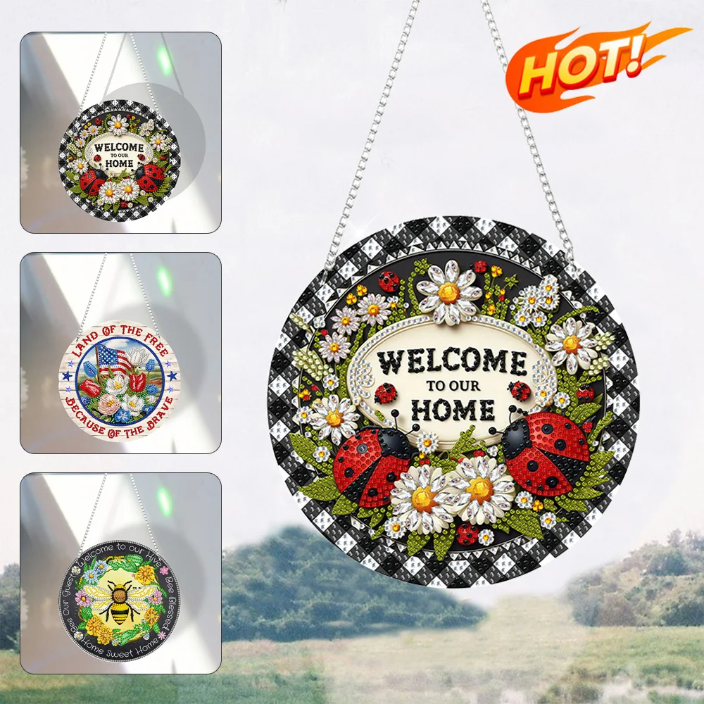 Suncatcher Welcome Sign Diamond Painting Hanging Sign Diamond Painting Art Pendant Crystal Ornaments for Kid DIY Craft