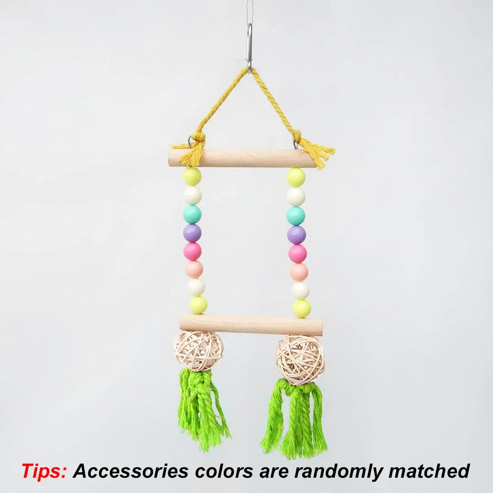 Random Color 1pc Beaded Solid Wood Bird Swing Toy with Bell Perch Claw Care Stand Toy for Parrot BirdCage Decorative Accessories