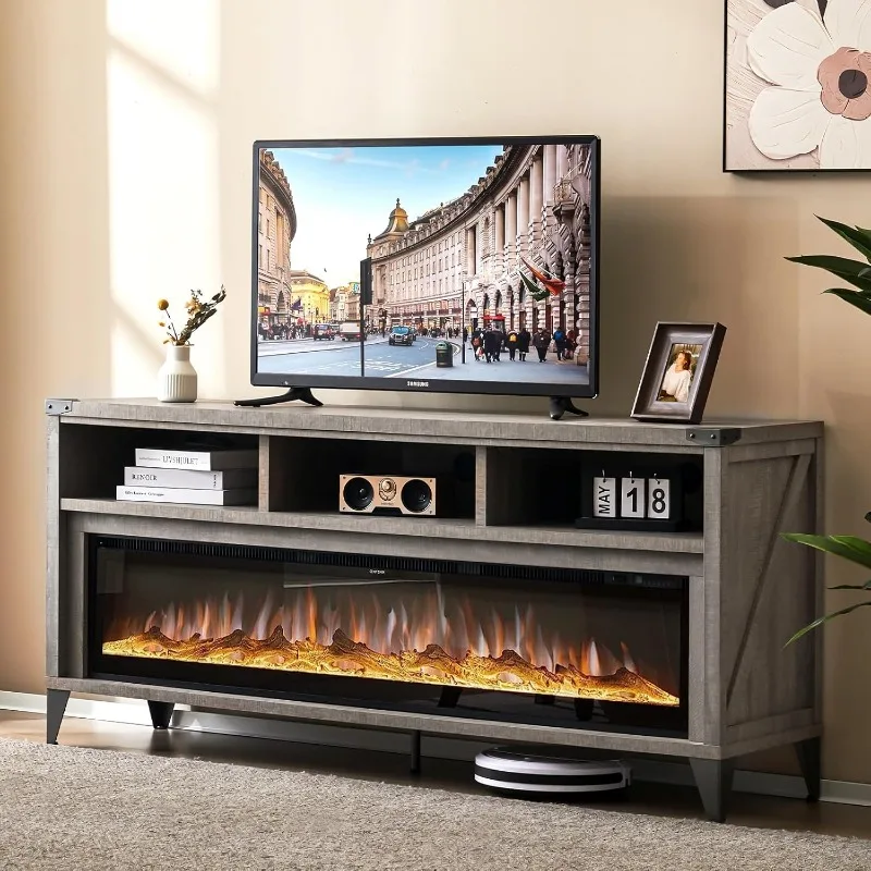 65Fireplace TV Stand with 60Glass Electric Fireplace, Industrial & Farmhouse Media Entertainment Center with Open Shelve Storage