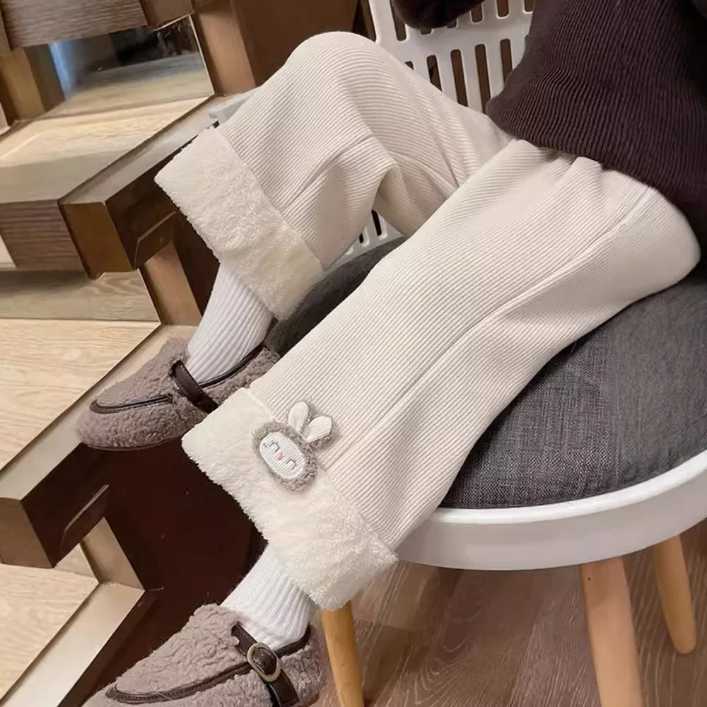 بنطال بناتي واسع الساق مبطن بالقطيفة - بنطال شتوي سميك، قيعان كاجوال فضفاضة مناسبة للأطفال الصغار