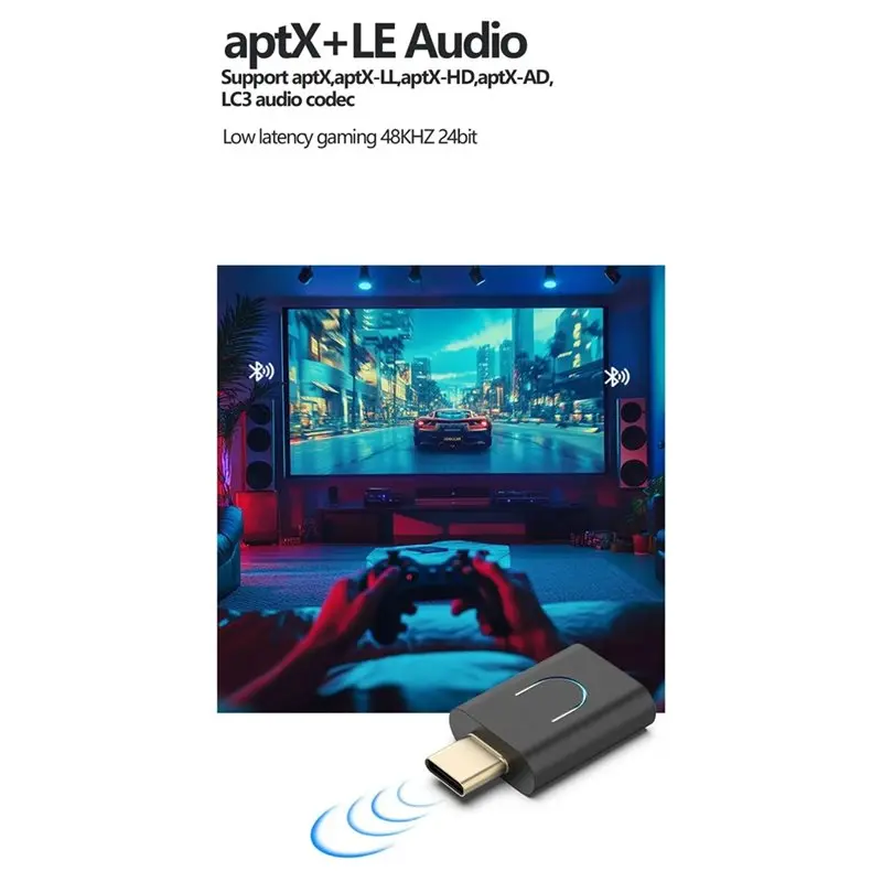 Auracast 호환 블루투스 5.4 오디오 송신기(Aptx-Adaptive Type-C 무선 스테레오 음악 어댑터 포함) PC/노트북/PS4/5용